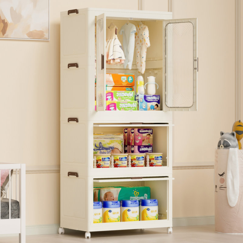 George Oliver Portable Wardrobe Closet Storage Organizer For Clothes Clothes Dresser Magnetic Doors With 4 Cubes Hanging Rod 10 Pcs Hangers Baby Wardrobe Storage Cabinet White Wayfair
